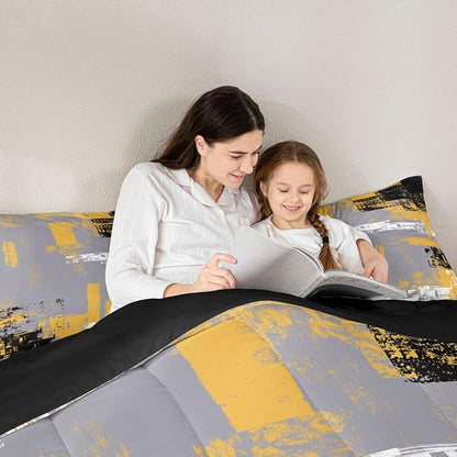 Feelyou Abstract Bedding Set Kids Modern Abstract Art Comforter Set Yellow Grey Black Comforter for Boys Room Decor Lightweight Retro Duvet Set Queen Size with 2 Pillow Case