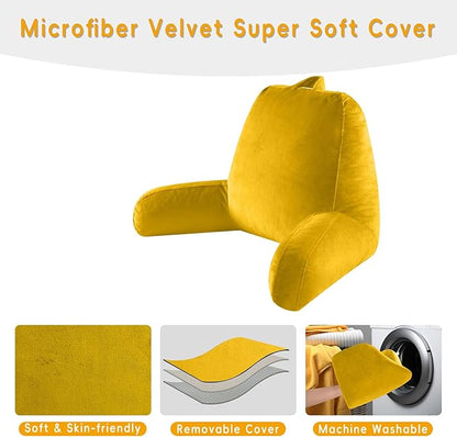 Reading Pillow for Sitting in Bed Adult, X-Large Reading Pillow with Shredded Memory Foam, Back Pillow for Sitting Up with Extend Arms, Pockets, Bed Pillow with Washable Cover, Yellow