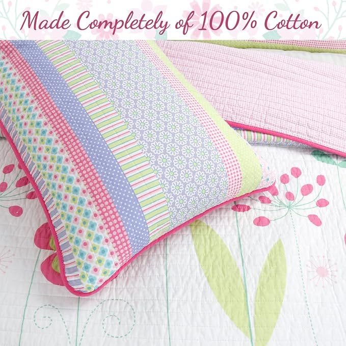 Cozy Line Home Fashions Pink Lavender Green Floral Print Girl 100% Cotton Reversible Quilt Bedding Set, Coverlet, Bedspread (Blossom, Queen - 3 Piece)