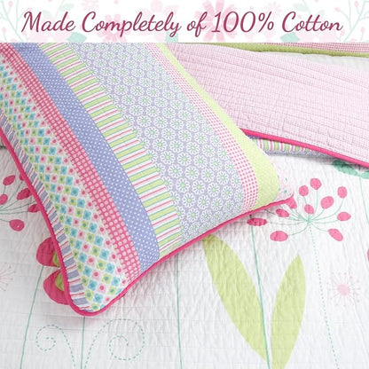 Cozy Line Home Fashions Pink Lavender Green Floral Print Girl 100% Cotton Reversible Quilt Bedding Set, Coverlet, Bedspread (Blossom, Queen - 3 Piece)
