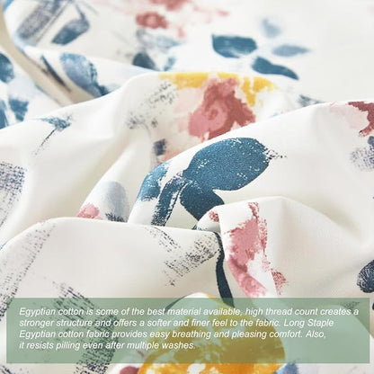 URBONUR Garden Floral Duvet Cover Set 100% Egyptian Cotton Silky Sateen Smooth Breathable Durable Soft Bedding Sets Purple Yellow Flowers Printed on White (3Pcs Twin, 68''x88'')