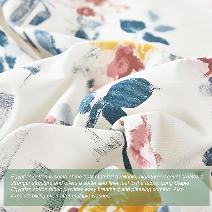 URBONUR Garden Floral Duvet Cover Set 100% Egyptian Cotton Silky Sateen Smooth Breathable Durable Soft Bedding Sets Purple Yellow Flowers Printed on White (3Pcs Queen, 90''x90'')