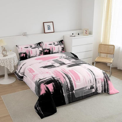 Feelyou Abstract Bedding Set Kids Modern Abstract Art Comforter Set Pink Black Comforter for Boys Room Decor Lightweight Retro Duvet Set Toddler Size with 1 Pillow Case