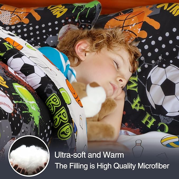 A Nice Night 6Pcs Bed in A Bag Full Sports Microfiber Comforter Set,Black Rugby Ball Basketball Printed Bedding Collections,for Boys Kids Teen