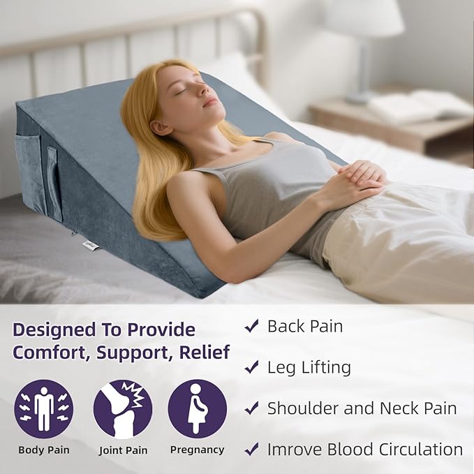 Memory Foam Bed Wedge Pillow (10"x24"x24") - Acid Reflux & Back Pain Relief, Anti-Snoring Incline Design, Removable Washable Cover for Sleep & Post-Surgery Support