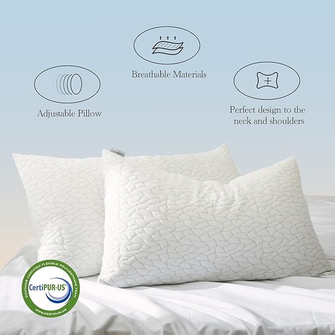 Memory Foam Pillows for Sleeping Adjustable Breathable Bed Pillow for Side, Back, and Stomach Sleepers Washable Pillow Cover Dream Cloud King Size 18X34 in