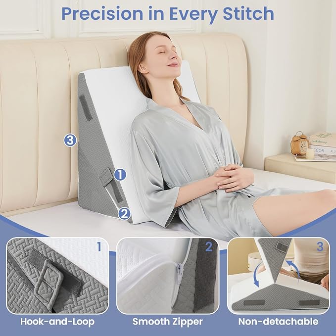 Sasttie Wedge Pillow for After Surgery, Adjustable Bed Wedge Pillow Headboard for Acid Reflux, Sleeping, Neck & Back Support, with Removable Cover, Dark Grey & White