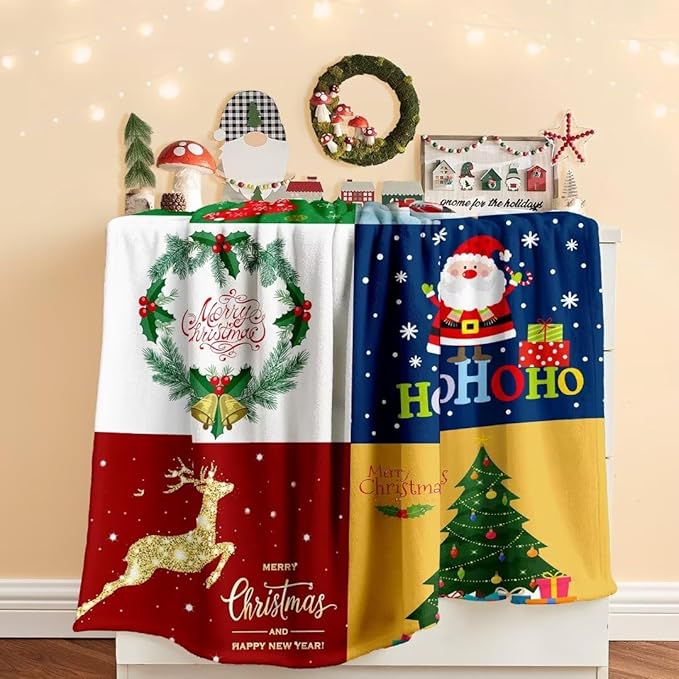Christmas Blanket Santa Claus Deer Flannel Throw Blanket Soft Plush Snowman Blanket for Couch Sofa Bed Christmas Home Decor 50x60”