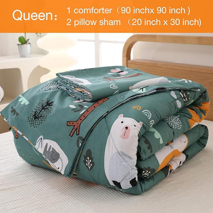 JSD Green Forest Animals Kids Comforter Set Queen Size, 3 Piece Woodland Printed Microfiber Bedding Set, Machine Washable