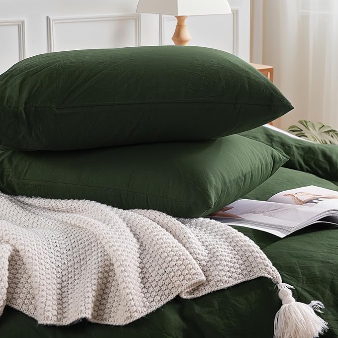 NEXHOME PRO Full Duvet Cover Set – 100% Certified Organic Cotton with Washed Feel & Linen-Like Texture, Comfortable & Breathable, Home Bedding Set Olive Green (No Comforter)