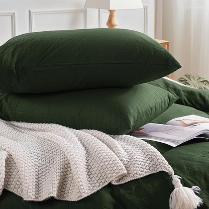 NEXHOME PRO Full Duvet Cover Set – 100% Certified Organic Cotton with Washed Feel & Linen-Like Texture, Comfortable & Breathable, Home Bedding Set Olive Green (No Comforter)