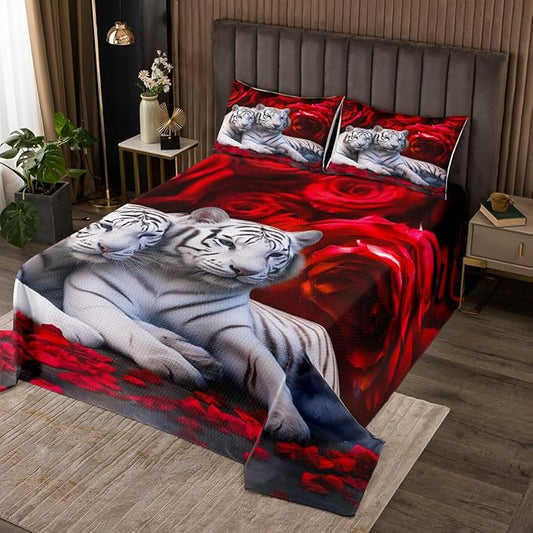 Tiger Bedspread Set Twin Size,Red Rose Flower Bedspread Quilt Set for Boys Girls,African Safari Animals Coverlet Set,Big Cat Wild Animal Skin Quilt Set,Romantic Garden Floral Bedroom Decor