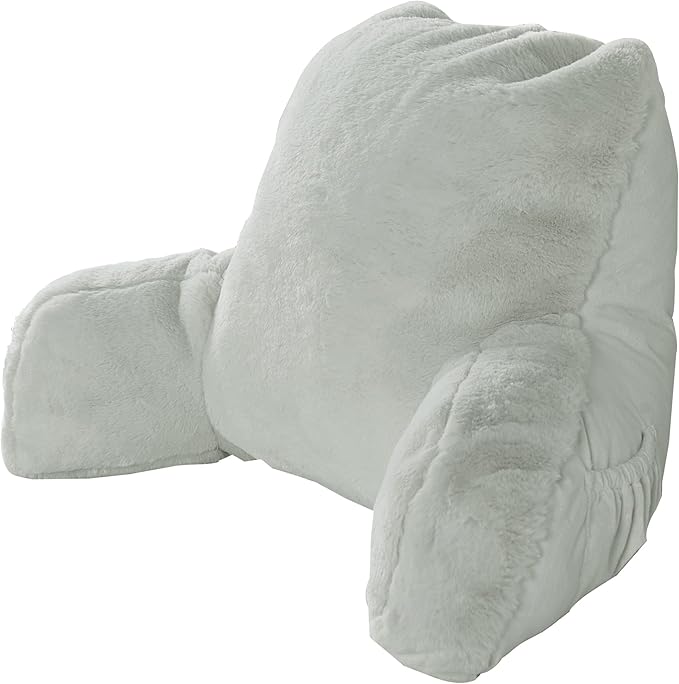 Plush Faux Fur Backrest Reading Bed Rest Pillow with Arms and Pockets for Sitting in Bed Couch Sofa, Back Support Wedge Cushion with Removable Cover, 20" x 18" x 17", Light Gray