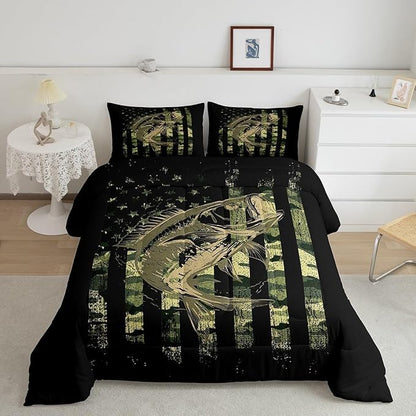 Feelyou Green Black Camouflage Comforter Set Fish Camo American Flag Bedding Set for Women Men Room Farmhouse Fishing Decor Comforter Wild Quilted Set 2Pcs Toddler Size