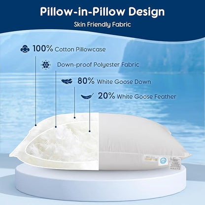 LBRO2M Canadian Fluffy Goose Down Pillow King Size 1050 Fill Power 80% Goose Down with 600TC 100% Cotton Pillow Shell Down Pillows Ideal for Plush Comfort and Support (20"X36", Set of 2)