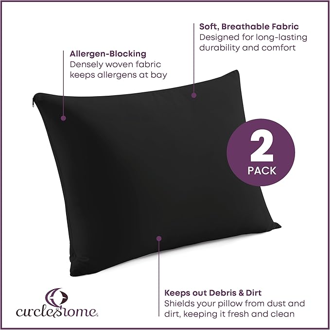 CirclesHome Pillow Protectors 2 Pack Standard Zippered - 100% Cotton Breathable Pillowcases - Protects Pillows from Dirt, Dust and Debris (Standard - Set of 2 - 20x26)