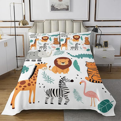 Erosebridal Zebra Coverlet Set Crocodile Bedspread King Size Wild Animal Bedding Set Palm Leaves Quilt Set for Child Teens Youth,Wildlife Plant Leaf Bedroom Decor