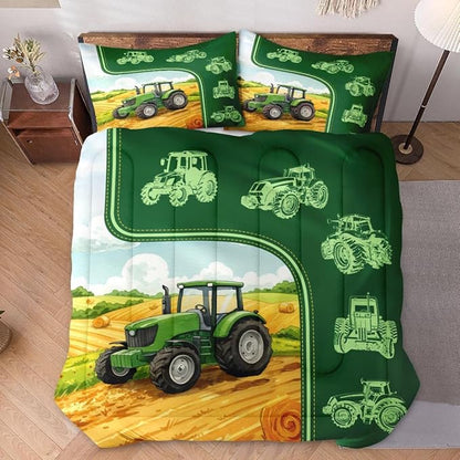 Full Size Comforter Set with 2 Pillowcase, Green Tractor Soft 3 Pcs Bedding for Kids and Adults, Watercolor Landscape Comforter Set for Room Bedroom Bed Decor