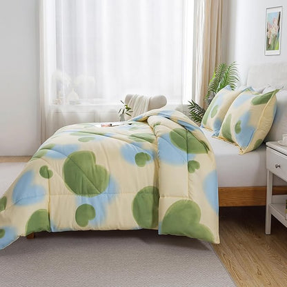 Caressma Heart Print Full Size Comforter Set, Green and Yellow Blue Lovely 3 Pieces Beddig Comforter with Matching Pillow Shams for All Seasons