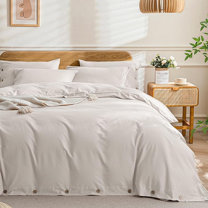 JELLYMONI Cotton Duvet Cover Cal King Size - Beige Comforter Cover with Button 100% Washed Cotton 3PCS Breathable Soft Solid Bedding Set Duvet Cover 104×98in & 2 Pillowcases (NO Comforter)