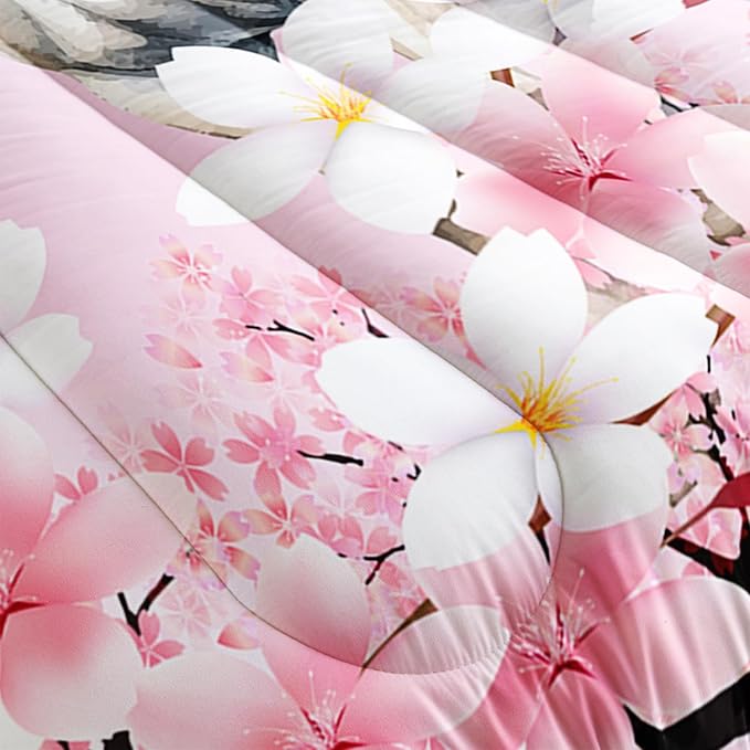 Kid Horse Comforter Set Queen Room Floral Animal Theme Handsome Horse Chic Cherry Blossom Bedding Set 3D Wild Animal Decor Quilt Set for Girls Adult, 1 Comforter + 2 Pillowcases