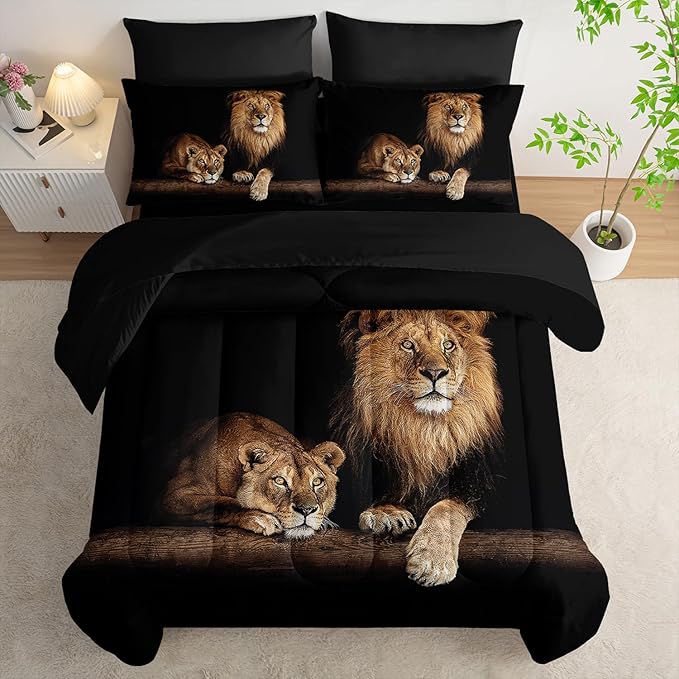 Lion Comforter Set 7 Piece King Size Bed in A Bag,Animal Bedding for Room Decor,Lion Comforter Tropical African Animal 3D Print Bedding with Fitted Sheet,Flat Sheet, Pillowcases & Shams