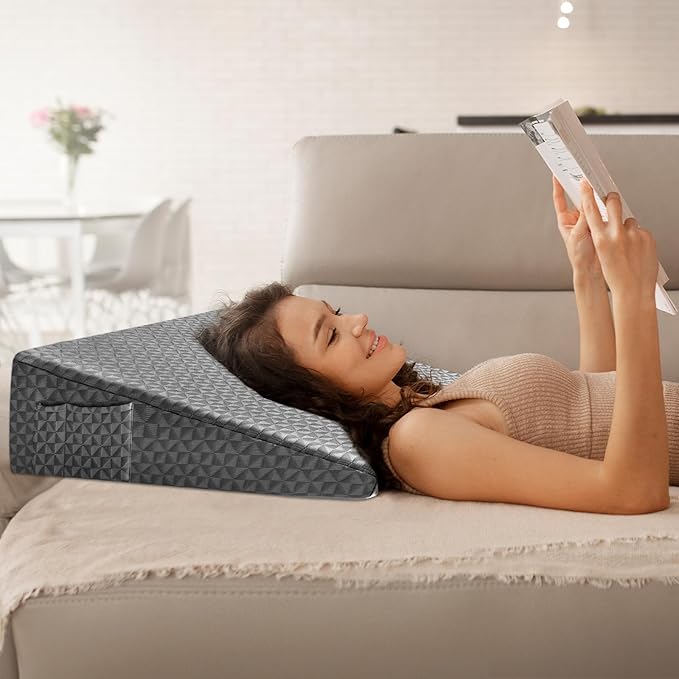 Wedge Pillow 7.5" Bed Wedge After Surgery, Back Pain Relief, Memory Foam Pillow Triangle Incline Wedge for Back Support, Leg Elevation（Grey）