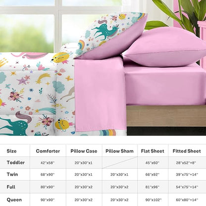 Nesker 5 Pcs Comforter Set Twin Size, Cute Colorful Unicorns Bedding Set for Kids Teen, Cloud Rainbow Bed Sheet with Pillowcase & Sham