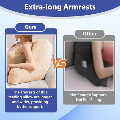 Reading Pillows for Sitting in Bed Adult, Back Pillow for Bed Sitting Up, Backrest Pillows with Shredded Foam for Adult&Teens, Support Pillow with Arms for Beds, Couch, Floor, 20in, Beige