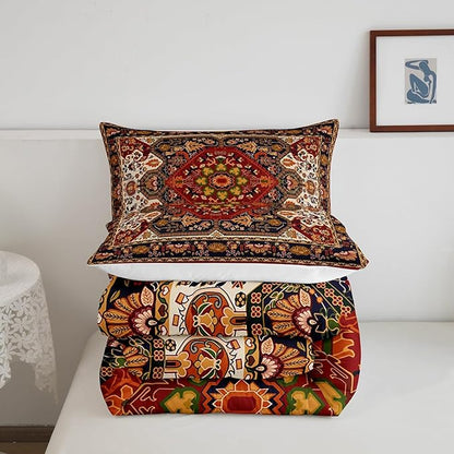 Boho Floral Comforter Set Queen Size,Vintage Geometric Flowers Pattern Bedding Set 3pcs for Adult Woman Room Decor,Aztec Tribal Colorful Quilt Set Exotic Retro Duvet Insert,2 Pillowcases,Brown