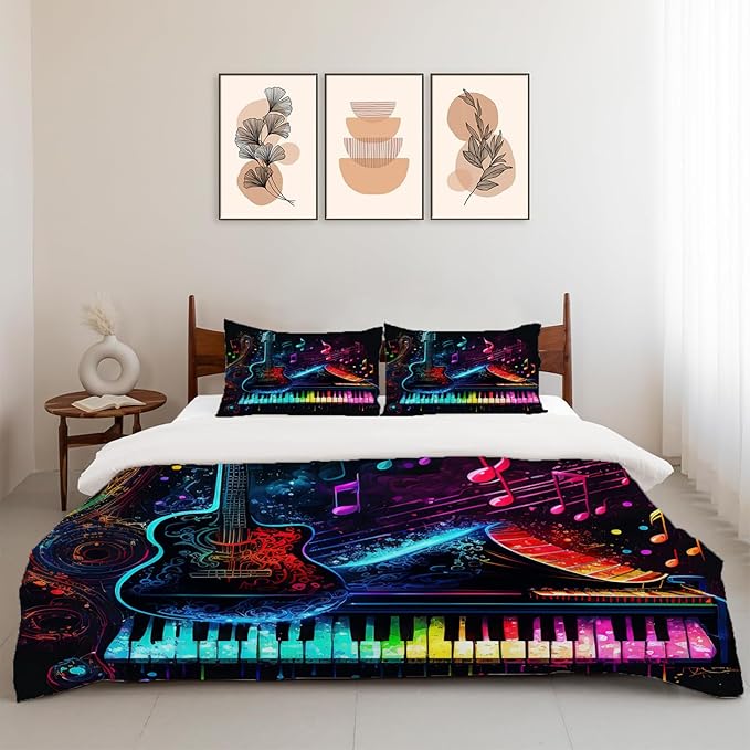 Music Guitar Piano Theme 3 Pieces Duvet Cover Comforter Set with 2 Pillowcase King Size Musical Instrument Bed Sheet Quilt Bedroom Bedding for Lover Kids