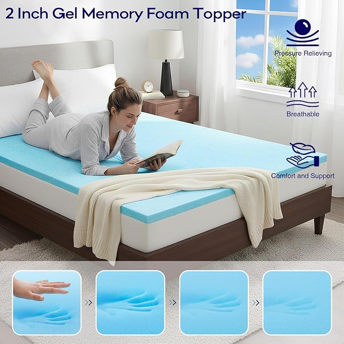OLANLY Dual-Layer 4 Inch Cal King Size Memory Foam Mattress Topper for Back Pain, 2 Inch Cooling Pillow Top Mattress Pad Cover and 2 Inch Gel Memory Foam Topper, Deep Elastic Pocket, Light Grey