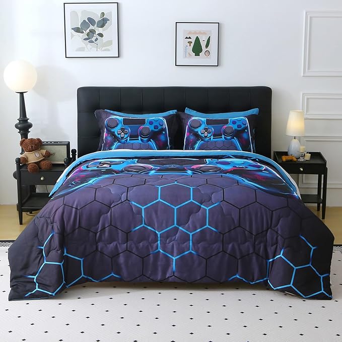 Wajade Game Console Comforter Set for Boys 7 Piece Blue 3D Gaming Geometric Bedding Sets for Kids Twin Size as Birthday with Comforter, Sheet Set, Pillowcase and Sham