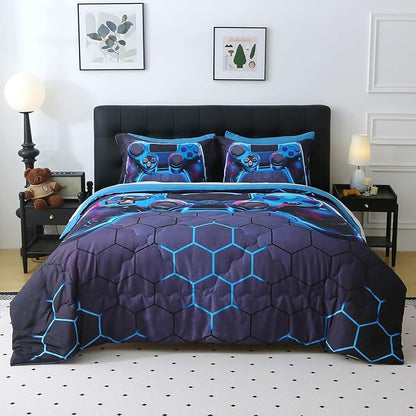 Wajade Game Console Comforter Set for Boys 7 Piece Blue 3D Gaming Geometric Bedding Sets for Kids Twin Size as Birthday with Comforter, Sheet Set, Pillowcase and Sham