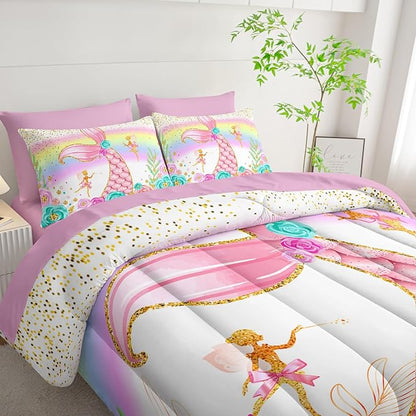 Mermaid Comforter Set Twin - 7 Piece Girls Bedding, Pink Teal Floral Bed Set, Soft Microfiber Comforter, Sheets, Pillowcases