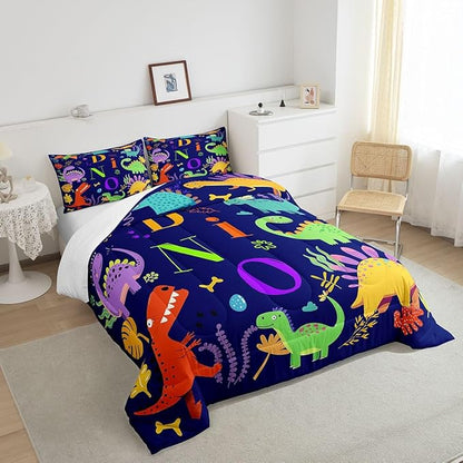 Dinosaur Duvet Cover Set Full,Jungle Animals Bedding Sets for Kids Boys Girls Teens Adult Bedroom Decor,Wildlife Dino Comforter Cover Colorful Cartoon Dinosaur Quilt Cover,2 Pillowcases