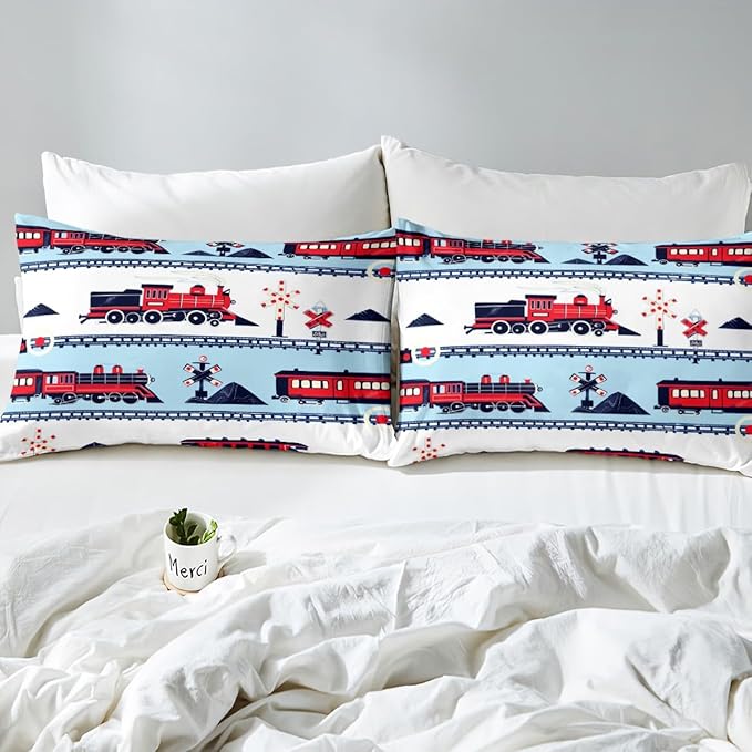 Erosebridal Red White and Blue Train Comforter Set Cartoon Train Railroad Tracks Kids Bedding Traffic Transportation Track Bedding Comforters & Sets Cute Retro Vintage Vehicle Quilt Full 3Pcs