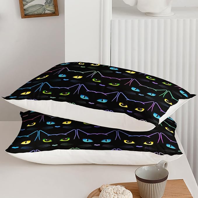 Kawaii Cat Comforter Set, Colorful Line Cat Full Size Bedding Set for Boys Girls Teens, Cartoon Cute Cat Black Quilt Set for Room Decor, Style 2