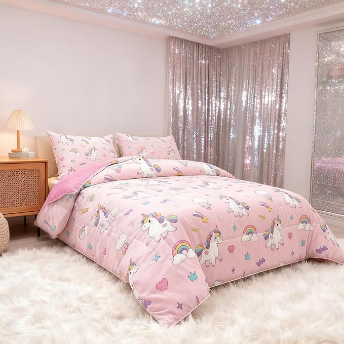 Peopleareok Unicorn Comforter Set Full(79x90 Inch), 3 Piece Cute Pink Unicorn Print Comforter, Kids Cartoon Kawaii Comforter for Girls Bedroom Decor All Season