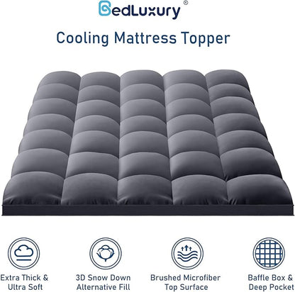 California King Mattress Topper Extra Thick Pillowtop Cooling Mattress Topper Plush Mattress Pad Cover Protector with 8-21 Inch Deep Pocket 3D Snow Down Alternative Fill Grey