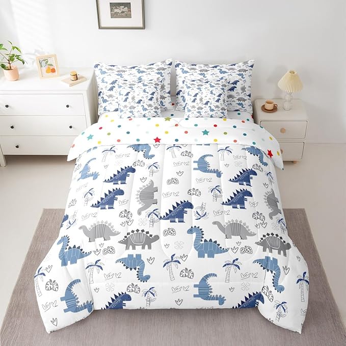 Feelyou Cute Dinosaur 7 Piece Bedding Set Blue Grey Dinosaur Comforter Set with Sheets for Kids Boys Girls Nutrue Palm Tree Bed in a Bag Animal Theme Bed Set Soft Lightweight