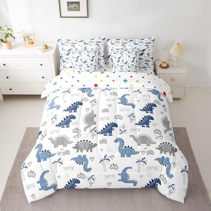 Feelyou Cute Dinosaur 7 Piece Bedding Set Blue Grey Dinosaur Comforter Set with Sheets for Kids Boys Girls Nutrue Palm Tree Bed in a Bag Animal Theme Bed Set Soft Lightweight