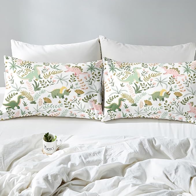 Cute Dino Kids Bedding Set King Size for Teens,Kawaii Pink Green Dinosaur Comforter Cover with 2 Pillowcases,Cartoon Wildlife Floral Leaves Plant Duvet Cover Set Microfiber Quilt Cover