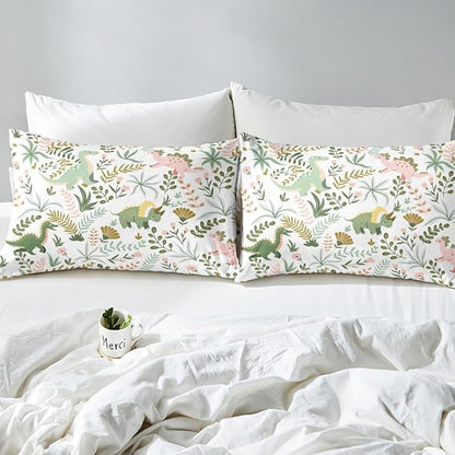 Cute Dino Kids Bedding Set Twin Size,Kawaii Pink Green Dinosaur Comforter Cover Set for Kids Girls,Cartoon Wildlife Floral Leaves Plant Bedding Quilt Cover Set Bedroom Decor, 2 Pcs