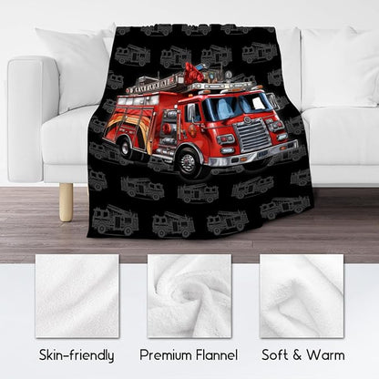 Toddler Blankets for Boys, Cozy Soft Fire Truck Throw Gifts for Kids, Black Flannel Firefighter Blankets for Bed Couch, 60x80 Inches