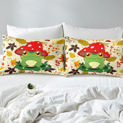 Cartoon Mushroom Frog Duvet Cover Set Full Size,Cute Kawaii Green Animal Comforter Cover with 2 Pillowcases,Autumn Maple Leaves Hazelnut Plant Breathable Bedspread for Boys Teens Present, Soft