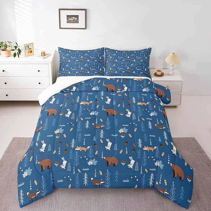 Bear Comforter Set Queen Size,Navy Cartoon Animals Bedding Set Kids Cute Fox Rabbit Quilt Set 3Pcs for Girls Boys Bedroom Decor,Pine Tree Jungle Adventure Style Duvet Insert,2 Pillowcases