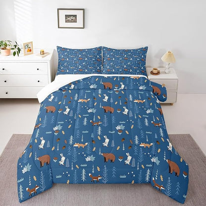 Bear Comforter Set Twin Size,Navy Cartoon Animals Bedding Set Kids Cute Fox Rabbit Quilt Set 2Pcs for Girls Boys Bedroom Decor,Pine Tree Jungle Adventure Style Duvet Insert,1 Pillowcase