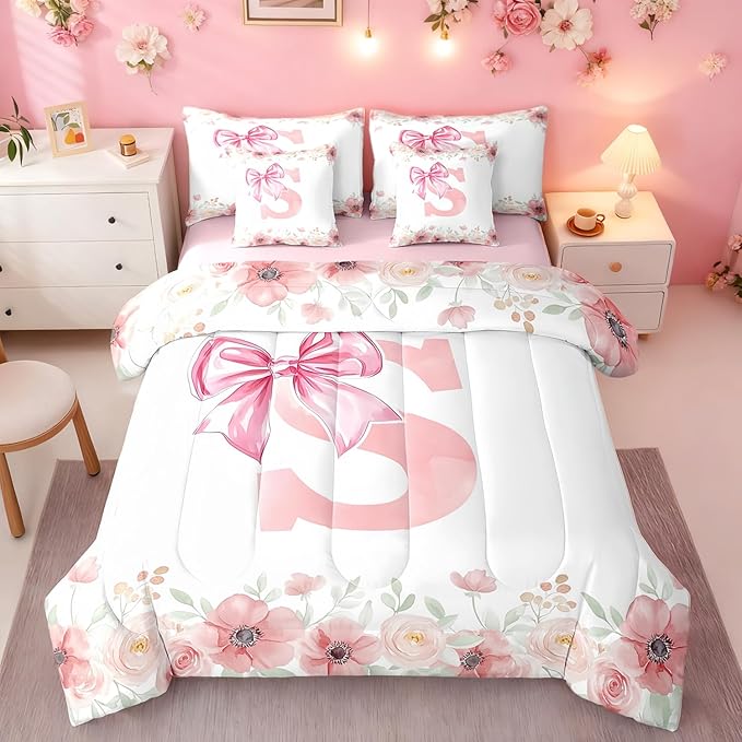 Erosebridal Initial S Letter Bed in A Bag Kawaii Princess Bowknot Girls Full Bedding Sets Dreamy Romantic Bow Bed Set Bedroom Decor Flower Princess Style Bowknot Comforter Set with Sheets for Kids