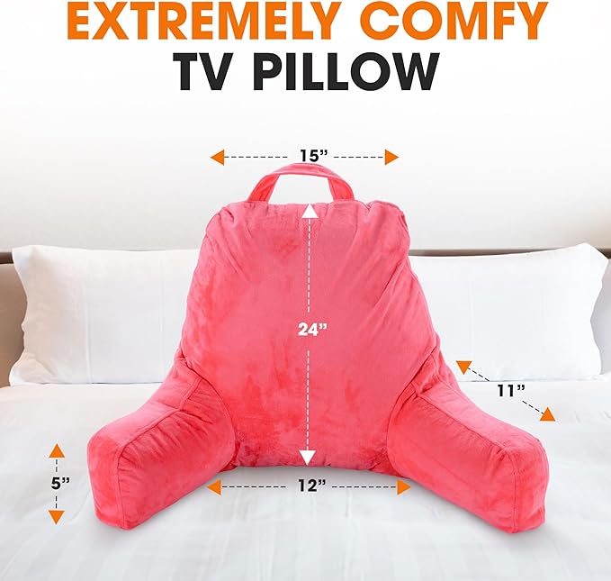 Cheer Collection Reading Pillow with Arms – Portable Bed Pillow for Sitting Up & Support, Hollow Fiber-Filled Back Rest Pillow for Sitting in Bed & Couch, Machine Washable, Hot Pink